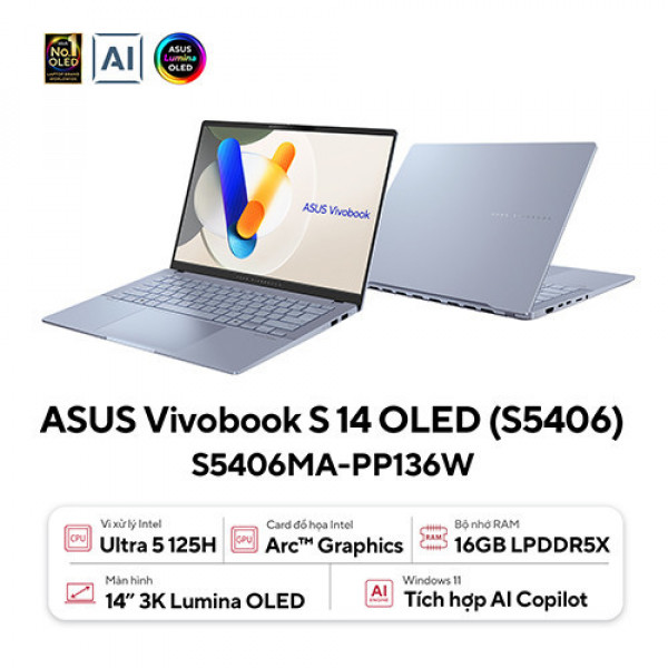 Laptop Asus Vivobook S 14 OLED S5406MA-PP136W (Intel® Core™ Ultra 5 125H | 16GB | 1TB | Intel® Arc™ Graphics | 14.0inch 3K OLED | Win 11 | Xanh) 