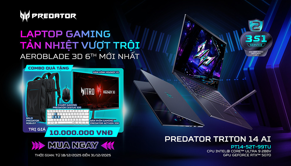 PREDATOR TRITON 14 AI – LAPTOP GAMING TẢN NHIỆT VƯỢT TRỘI
