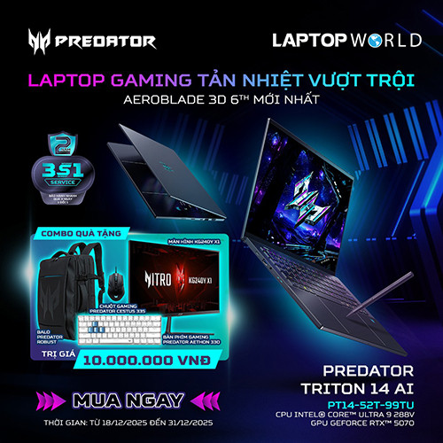 NHẬN NGAY BỘ QUÀ TẶNG TRỊ GIÁ 10 TRIỆU KHI MUA ACER PREDATOR TRITON 14 AI – LAPTOP GAMING TẢN NHIỆT VƯỢT TRỘI