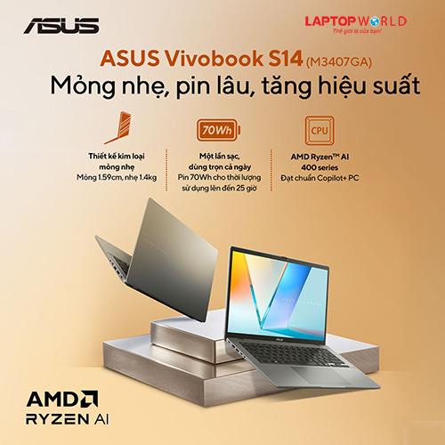 ASUS Vivobook S14 M3407GA-SF030W: Laptop AI thế hệ mới, tích hợp chip AMD Ryzen AI 7 445 mạnh mẽ.