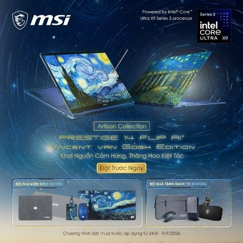 CTKM: Đặt trước phiên bản đặc biệt MSI Prestige 14 Flip AI+ Vincent van Gogh Edition - Nhận bộ quà tặng độc quyền cực hấp dẫn