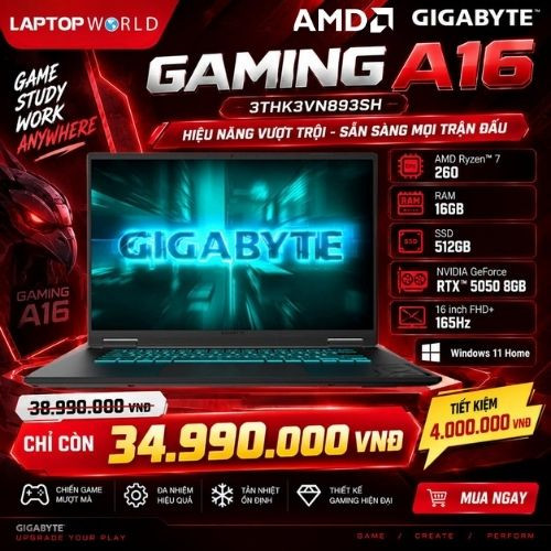 Chiến mượt mọi tựa game AAA cùng Gigabyte Gaming A16 (AMD Ryzen 7 260, RTX 5050 8GB).
