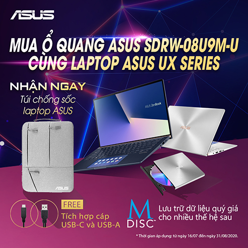 Nhận túi chống sốc cực chất khi mua ổ đĩa quang SDRW-08U9M-U kèm laptop ASUS dòng UX