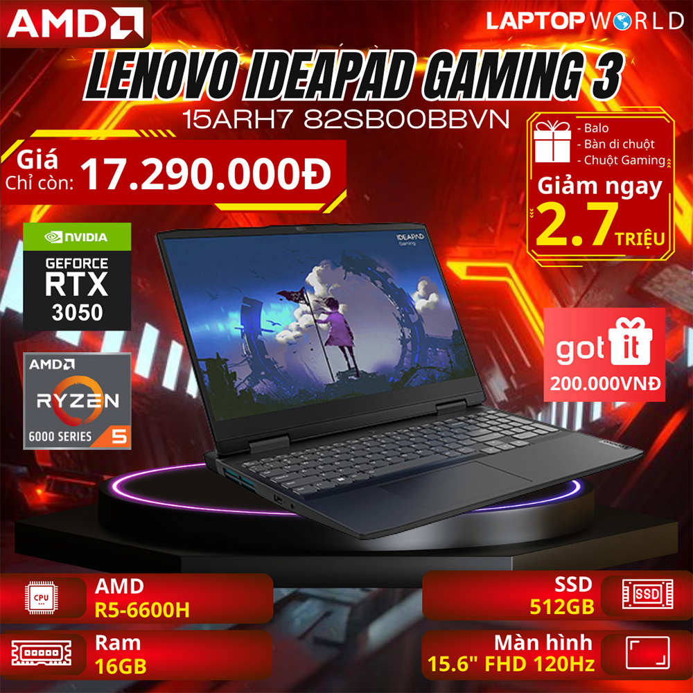 Lenovo IdeaPad Gaming 3 15ARH7 -  Laptop Gaming chip AMD vừa rẻ vừa ngon
