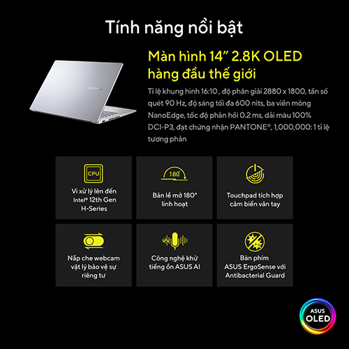 Laptop Asus Vivobook 14X OLED A1403ZA-KM066W (Core i5-12500H | 8GB | 512GB | Intel Iris Xe | 14 inch 2.8K OLED | Win 11 | Xanh)