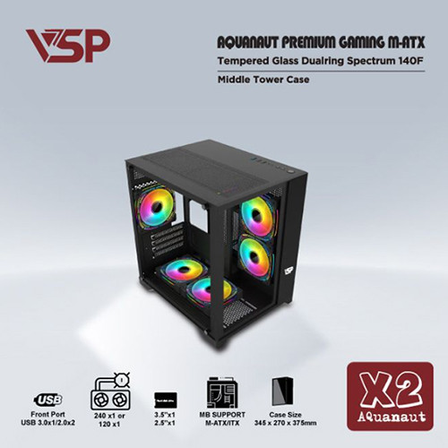 Vỏ case VSP AQUANAUT PREMIUM GAMING M-ATX X2 Đen