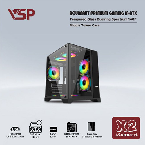 Vỏ case VSP AQUANAUT PREMIUM GAMING M-ATX X2 Đen