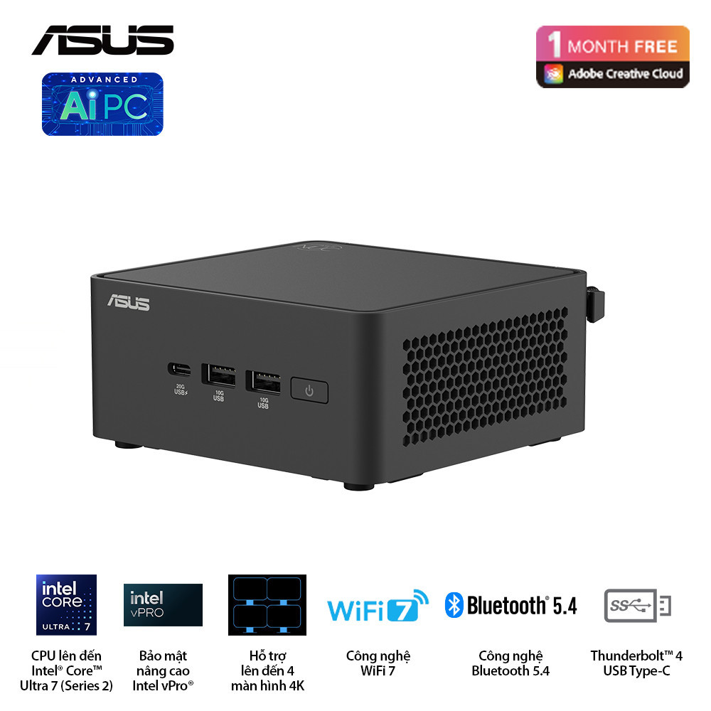 PC Mini Asus NUC 15 Pro Tall RNUC15CRHU700000I (Intel Core Ultra 7 255H | 2xDDR5-6400 | 2xNVMe | Intel Arc Graphics | Đen)
