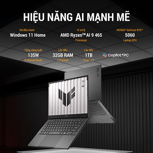 Laptop ASUS TUF Gaming A14 FA401GM-RG013W (Ryzen™ AI 9 465 | 32GB | 1TB | RTX™ 5060 8GB | 14inch WQXGA 165Hz | Win 11 | Xám)