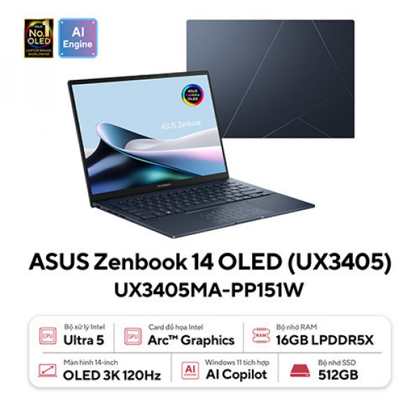 Laptop ASUS Zenbook 14 OLED UX3405MA-PP151W (Intel® Core™ Ultra 5 | 16GB | 512GB | Intel® Arc™ Graphics | 14.0inch 3K OLED | Win 11 | Xanh)