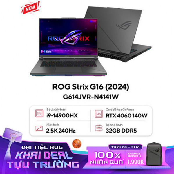 Laptop Asus ROG Strix G16 G614JVR-N4141W (Core™ i9 14900HX | 32GB | 512GB | RTX 4060 8GB | 16inch QHD 240Hz | Win 11 | Xám) 