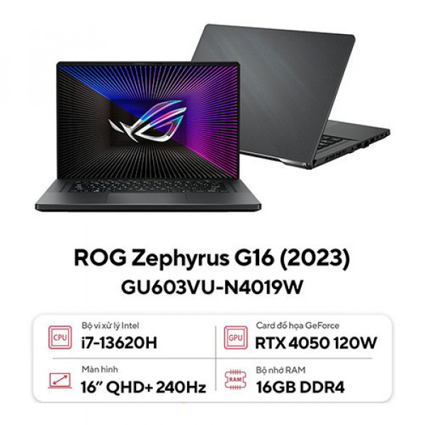 Laptop Asus ROG Zephyrus G16 GU603VU-N4019W (Core™ i7-13620H | 16GB | 512GB | RTX 4050 6GB | 16.0inch QHD+ 240Hz | Win11 | Xám)