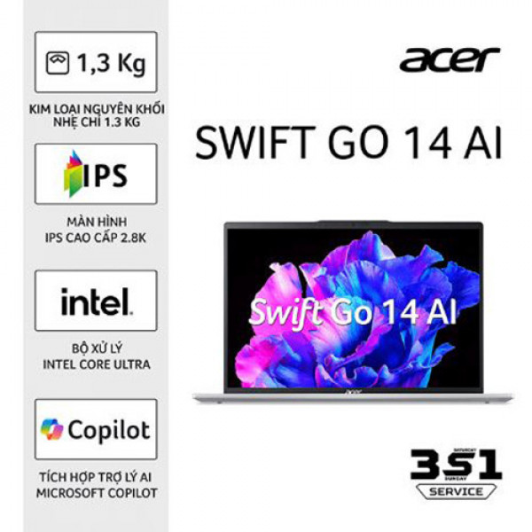 Acer Swift Go AI 2024 Gen 2 SFG14-73-53X7 NX.KSLSV.001 (Intel Core Ultra 5 125H | 16GB | 512GB | Intel Arc | 14 inch 2.8K | Win 11 | Bạc)