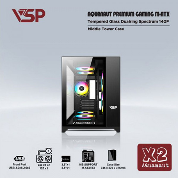 Vỏ case VSP AQUANAUT PREMIUM GAMING M-ATX X2 Đen