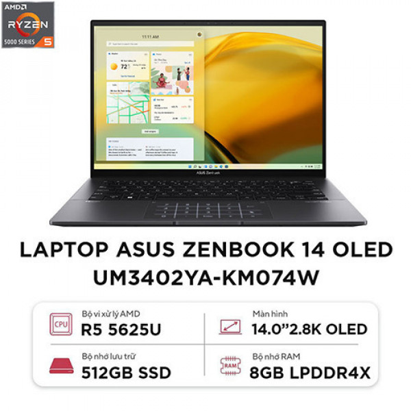 Laptop Asus Zenbook 14 OLED UM3402YA-KM074W (AMD Ryzen™ 5-5625U | 8GB | 512GB | AMD Radeon | 14 inch OLED WQXGA+ | Win 11 | Đen)