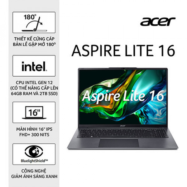 Laptop Acer Aspire Lite 16 AL16-51P-55N7 NX.KX0SV.001 (Core i5-1235U | 16GB | 512GB | Intel HD | 16 inch FHD+ | Win 11 | Xám)