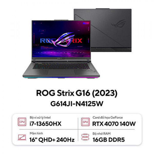 Laptop Asus ROG Strix G16 G614JI-N4125W (Core™ i7-13650HX | 16GB | 512GB | RTX 4070 8GB | 16inch QHD+, 240Hz | Win 11 | Xám) 