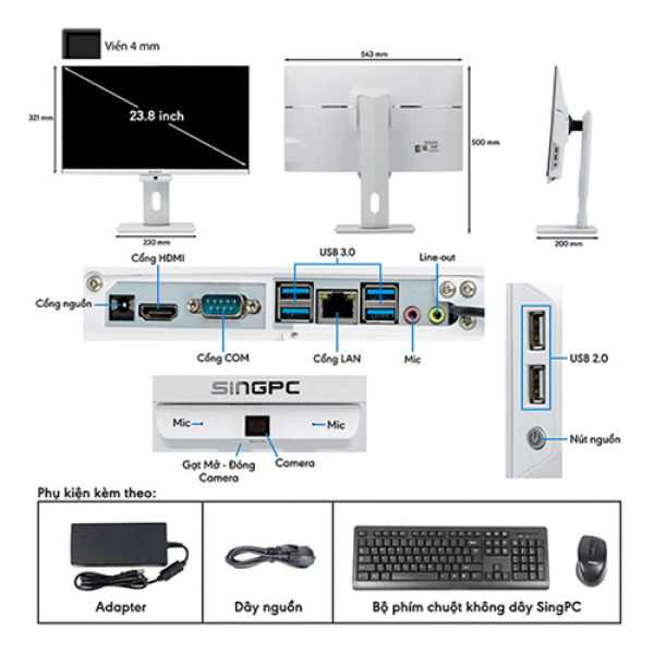 PC All in one SingPC M24Pi582-W (Core i5 10400/ Ram 8GB/ SSD 256GB/ 23.8 inch FHD/ Windows 11 Pro)