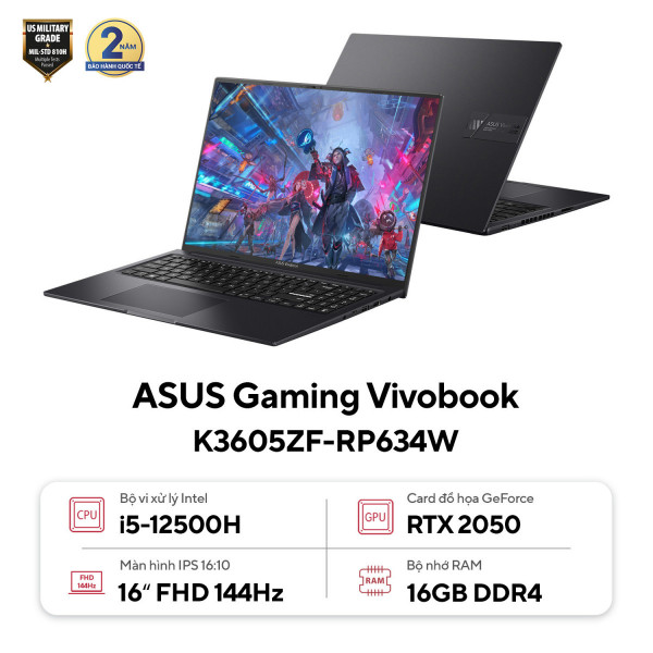 Laptop ASUS Gaming Vivobook K3605ZF-RP634W (Core™ i5-12500H | 16GB | 512GB | RTX 2050 | 16inch FHD+ 144Hz | Win 11 | Đen)