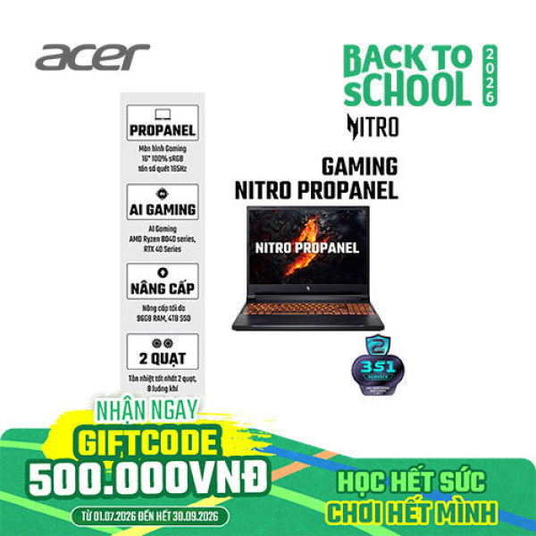 Laptop Acer Gaming Nitro ProPanel ANV16-41-R36Y NH.QP1SV.004 (Ryzen 7-8845HS | 16GB | 512GB | RTX 4050 | 16 inch WUXGA 165Hz | Win 11 | Đen)