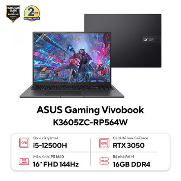 Laptop ASUS Gaming Vivobook K3605ZC-RP564W (Core™ i5-12500H | 16GB | 512GB | RTX 3050 | 16inch FHD+ 144Hz | Win 11 | Đen)