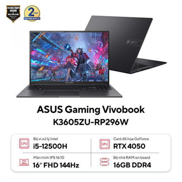 Laptop ASUS Gaming Vivobook K3605ZU-RP296W (Core™ i5-12500H | 16GB | 512GB | RTX 4050 | 16inch FHD+ 144Hz | Win 11 | Đen)