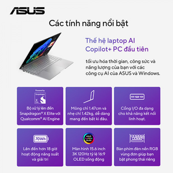 Laptop Asus Vivobook S 15 S5507QA-MA089WS (Snapdragon X1E | 32GB | 1TB | Qualcomm Adreno | 15.6 inch 3K OLED | Win 11)