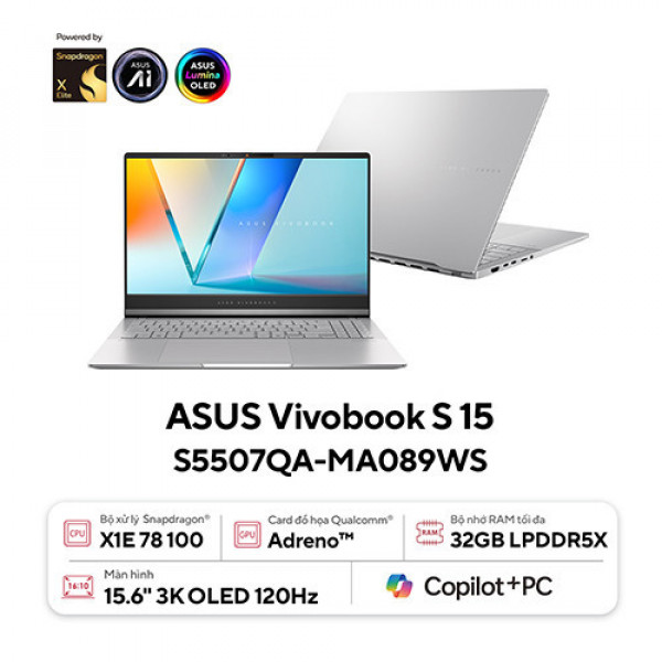 Laptop Asus Vivobook S 15 S5507QA-MA089WS (Snapdragon X1E | 32GB | 1TB | Qualcomm Adreno | 15.6 inch 3K OLED | Win 11)