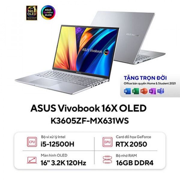 Laptop Asus Vivobook 16X K3605ZF-MX631WS (Core™ i5-12500H | 16GB | 512GB | RTX 2050 | 16 inch 3.2K OLED | Win 11 | Bạc)