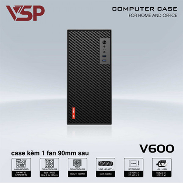 Vỏ case VSP V600 kèm 1 Fan (Mid Tower/ Đen)