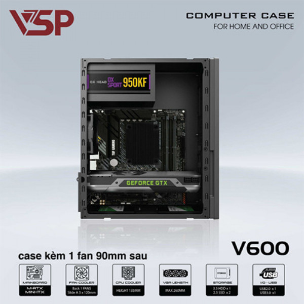 Vỏ case VSP V600 kèm 1 Fan (Mid Tower/ Đen)