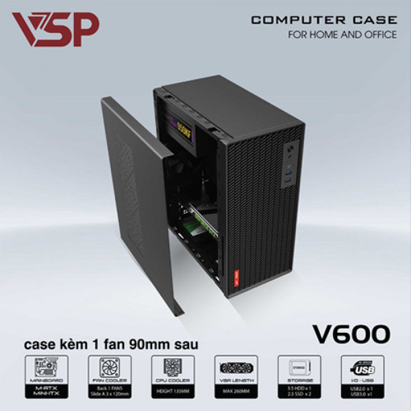 Vỏ case VSP V600 kèm 1 Fan (Mid Tower/ Đen)