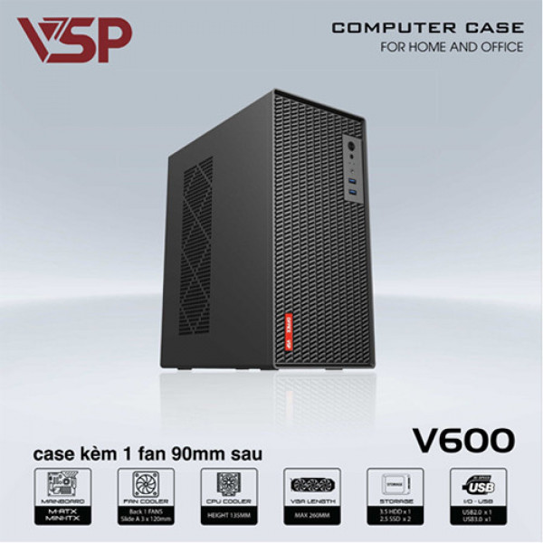 Vỏ case VSP V600 kèm 1 Fan (Mid Tower/ Đen)