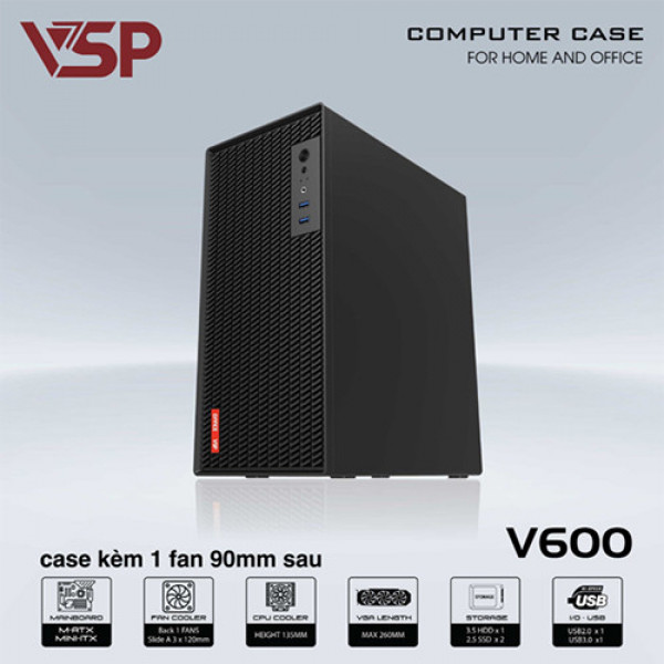 Vỏ case VSP V600 kèm 1 Fan (Mid Tower/ Đen)