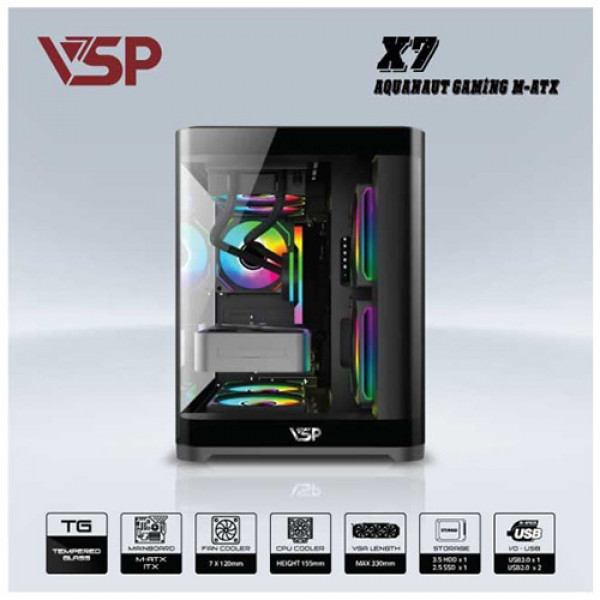 Vỏ case VSP AQUANAUT PRO GAMING M-ATX X7 đen (Mid Tower)