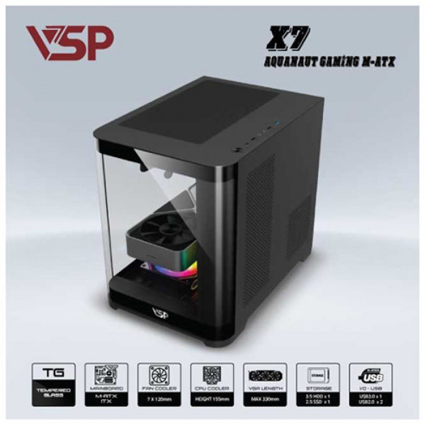 Vỏ case VSP AQUANAUT PRO GAMING M-ATX X7 đen (Mid Tower)