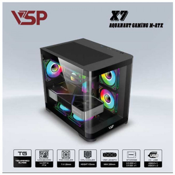 Vỏ case VSP AQUANAUT PRO GAMING M-ATX X7 đen (Mid Tower)