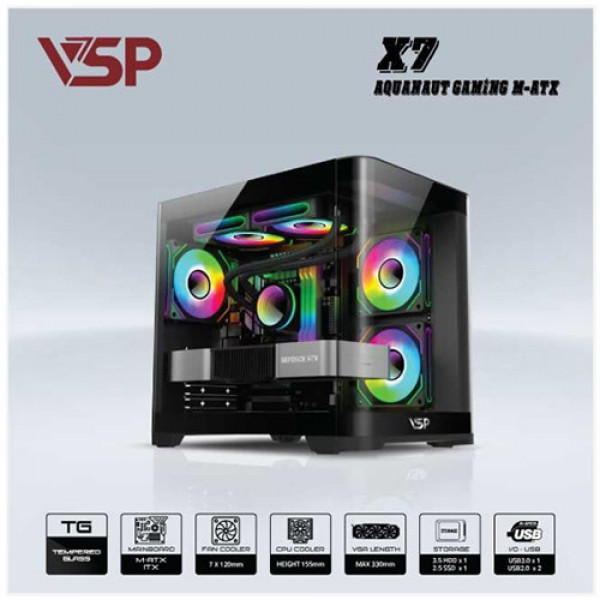 Vỏ case VSP AQUANAUT PRO GAMING M-ATX X7 đen (Mid Tower)