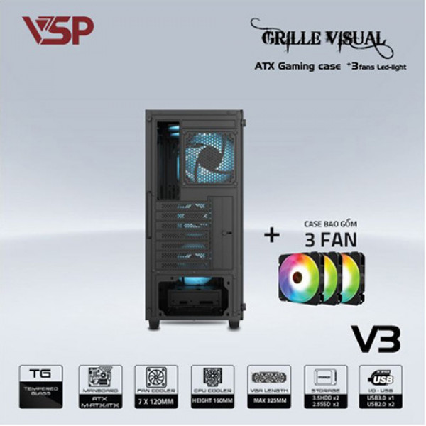 Vỏ case VSP V3 Đen - Kèm 3 fan LED (Mid Tower)