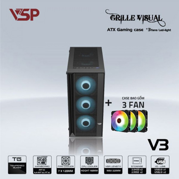 Vỏ case VSP V3 Đen - Kèm 3 fan LED (Mid Tower)