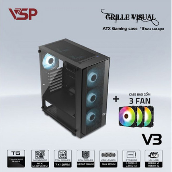 Vỏ case VSP V3 Đen - Kèm 3 fan LED (Mid Tower)