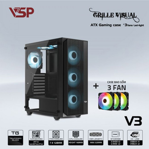 Vỏ case VSP V3 Đen - Kèm 3 fan LED (Mid Tower)