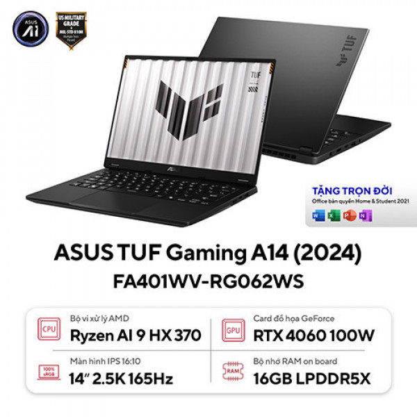 Laptop ASUS TUF Gaming A14 FA401WV-RG062WS (Ryzen™ AI 9 HX 370 | 16GB | 1TB | RTX 4060 | 14inch 2.5K 165Hz | Win 11 | Office | Xám)