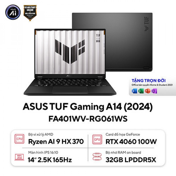 Laptop ASUS TUF Gaming A14 FA401WV-RG061WS (Ryzen™ AI 9 HX 370 | 32GB | 1TB | RTX 4060 | 14inch 2.5K 165Hz | Win 11 | Office | Xám)