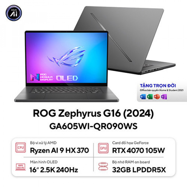 Laptop Asus ROG Zephyrus G16 GA605WI-QR090WS (Ryzen™ AI 9 HX 370 | 32GB | 1TB | RTX 4070 | 16inch WQXGA 240Hz | Win 11 | Xám)