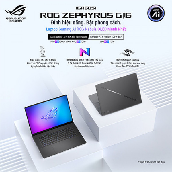 Laptop Asus ROG Zephyrus G16 GA605WI-QR090WS (Ryzen™ AI 9 HX 370 | 32GB | 1TB | RTX 4070 | 16inch WQXGA 240Hz | Win 11 | Xám)