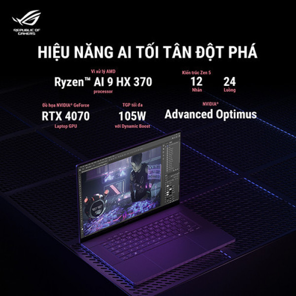 Laptop Asus ROG Zephyrus G16 GA605WI-QR090WS (Ryzen™ AI 9 HX 370 | 32GB | 1TB | RTX 4070 | 16inch WQXGA 240Hz | Win 11 | Xám)