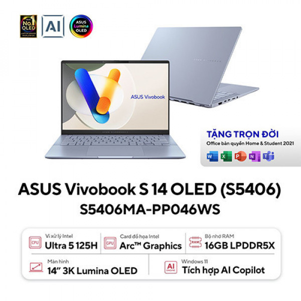 Laptop Asus Vivobook S 14 OLED S5406MA-PP046WS (Intel® Core™ Ultra 5 125H | 16GB | 512GB | Intel® Arc™ Graphics | 14.0inch 3K OLED | Win 11 | Xanh) 