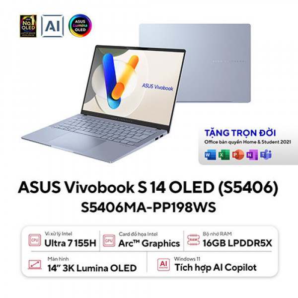 Laptop Asus Vivobook S 14 OLED S5406MA-PP198WS (Intel® Core™ Ultra 7 155H | 16GB | 512GB | Intel® Arc™ Graphics | 14.0inch 3K OLED | Win 11 | Office | Xanh) 