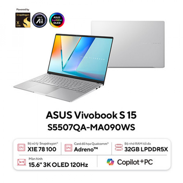 Laptop Asus Vivobook S 15 S5507QA-MA090WS (Snapdragon X1E | 32GB | 1TB | Qualcomm Adreno | 15.6 inch 3K OLED | Win 11 | Bạc)